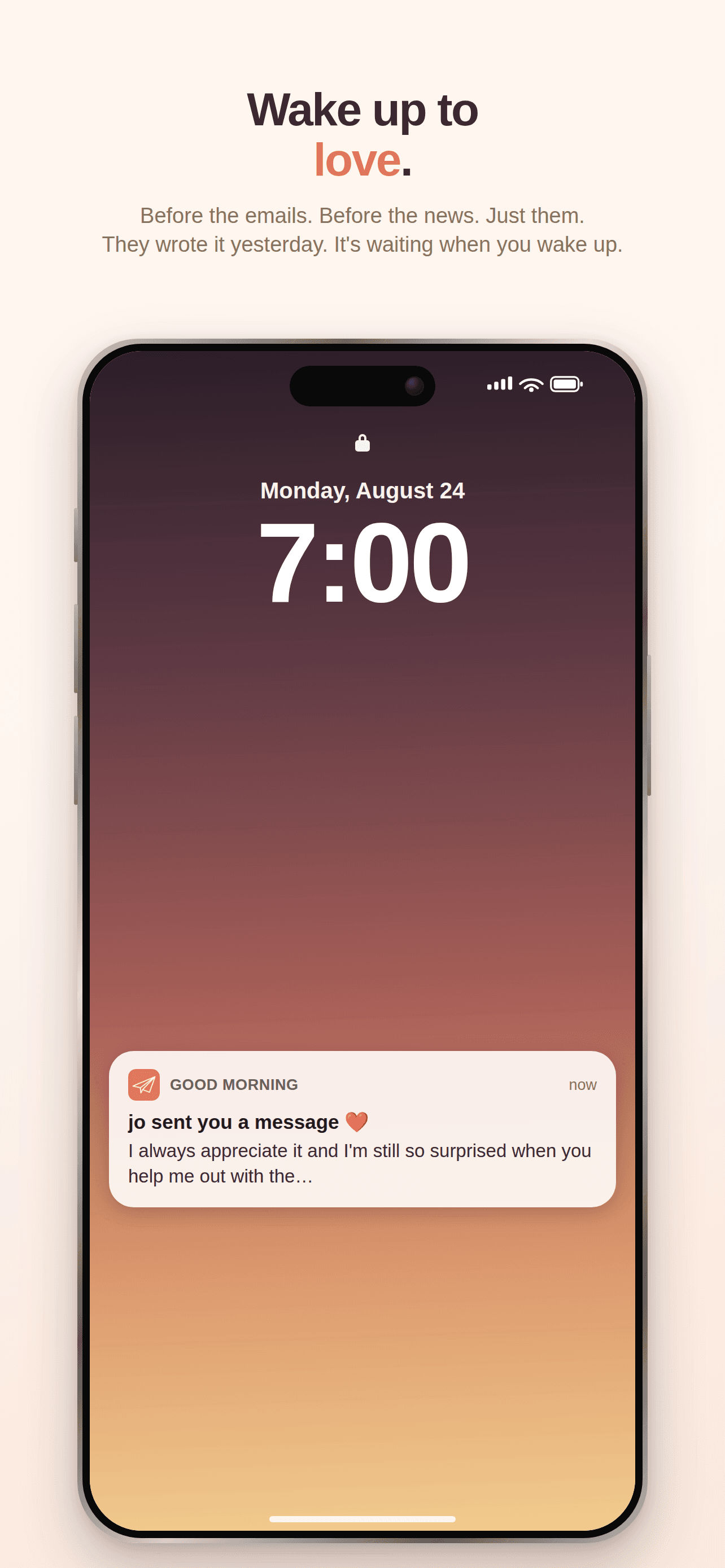 App Store screenshot 1: Wake up to love