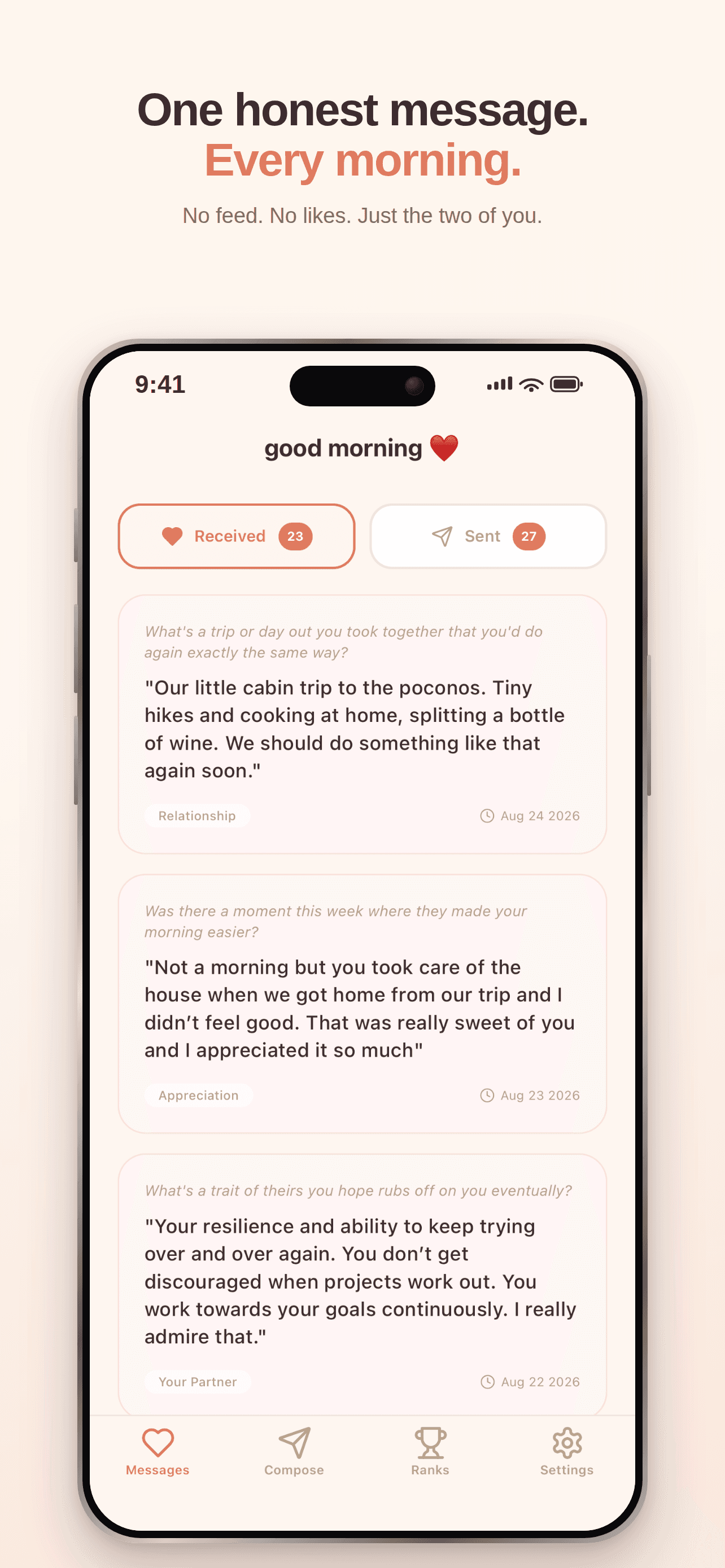 App Store screenshot 2: One honest message. Every morning.