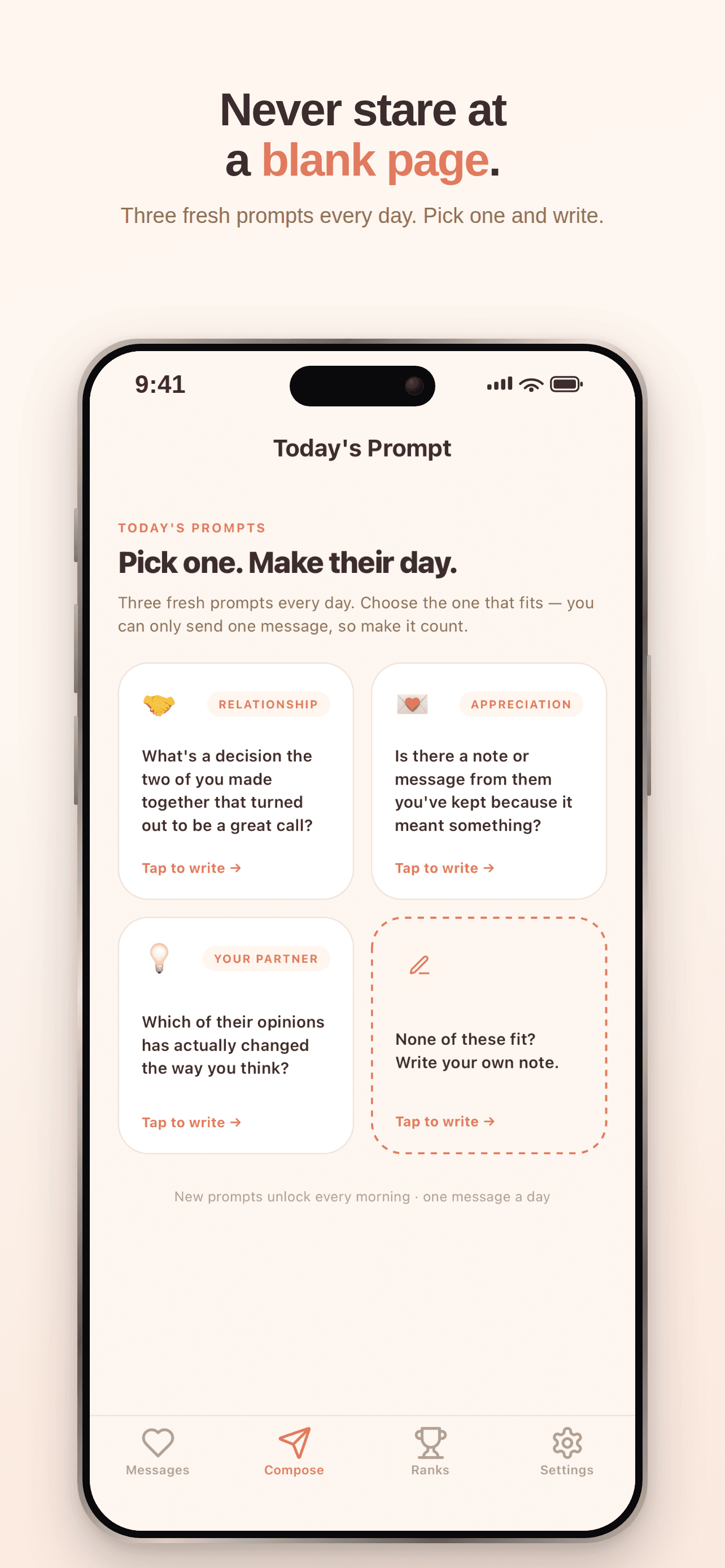 App Store screenshot 3: Never stare at a blank page